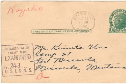 Postcard send to Kinuta Uno at Fort Missoula (ddr-densho-324-27)