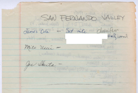 San Fernando Valley interviewee list and notes (ddr-densho-1007-1138)