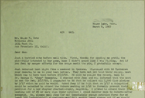 Correspondence regarding a possible JACL chapter in Moses Lake and Quincy, Washington (ddr-densho-277-179)