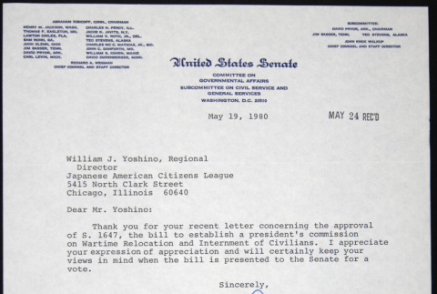 Letter to William Yoshino from David Pryor (ddr-chijacl-1-362)