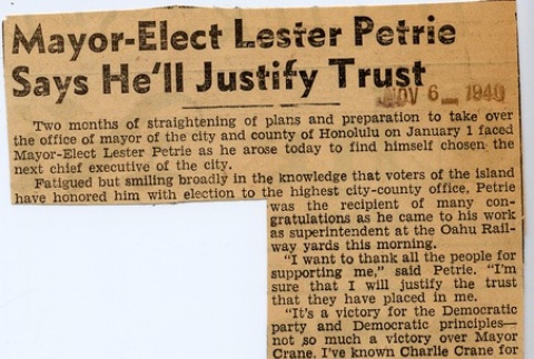 Article regarding Lester Petrie's election as mayor (ddr-njpa-2-811)