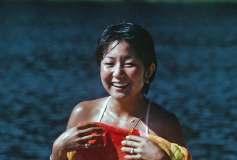 Gail Onishi drying off after boat sink (ddr-densho-336-1122)