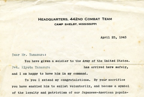 Letter about Herbert K. Yanamura's enlistment (ddr-densho-22-140)