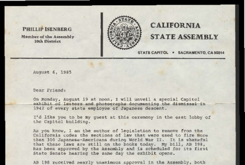 Letter from Phillip Isenberg, Member of the Assembly, 10th District, August 6, 1985 (ddr-csujad-55-2451)
