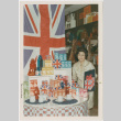 Tomoye Takahashi standing by display of British themed products (ddr-densho-426-1090)