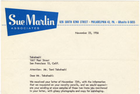Letter from M. Simon, Sue Marlin Associates, to Takahashis (ddr-densho-424-107)