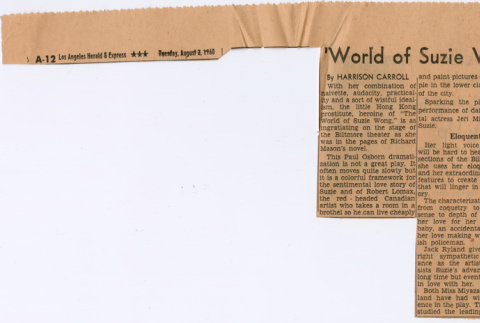 Clipping from Los Angles Herald and Express with review of The World of Suzie Wong (ddr-densho-367-283)