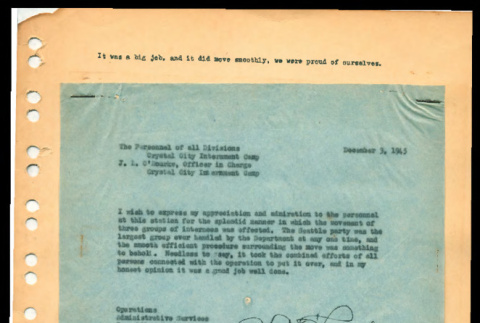 Memo and a newspaper clipping regarding the repatriation process at Crystal City Department of Justice Internment Camp (ddr-csujad-55-1497)