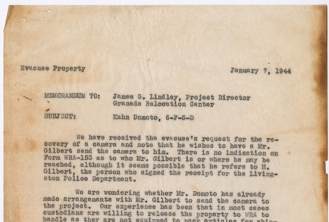 Memorandum to James Lindley regarding Kaneji Domoto (ddr-densho-329-999)