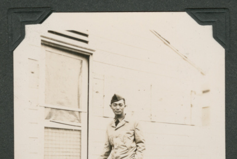Shizuo in front of barracks (ddr-densho-545-29)