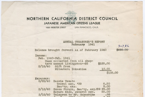 Northern California District Council Japanese American Citizens League Annual Treasurer's Report February 1941 (ddr-densho-491-9)