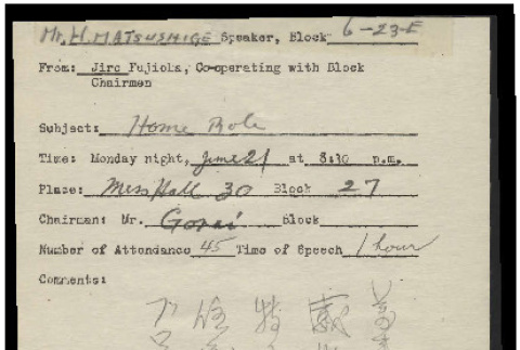 Memo from Jiro Fujioka, Co-operating with Block Chairmen, Heart Mountain, to Mr. Matsushige, June 21, 1943 (ddr-csujad-55-693)