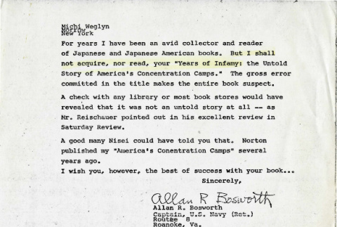 Letter from Allan R. Bosworth, Captain, U.S. Navy, to Michi Weglyn (ddr-csujad-24-51)