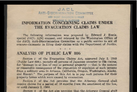 Information concerning clams under the evacuation claims law (ddr-csujad-55-2427)