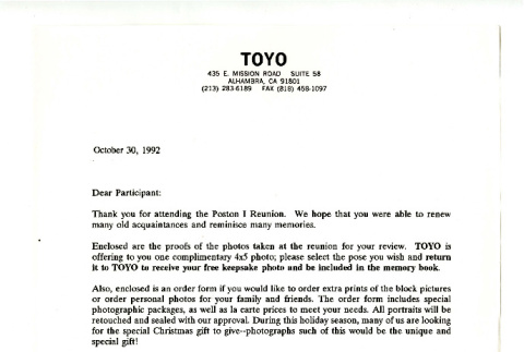 Letter from Gary T. Miyatake to participants in the Poston I Reunion, October 30, 1992 (ddr-csujad-35-19)