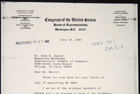 Letter to Rene Hunter from Sidney Yates (ddr-chijacl-1-337)