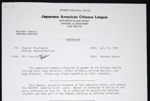 Memo to Chapter Presidents, Redress Reps from Bill Yoshino (ddr-chijacl-1-283)
