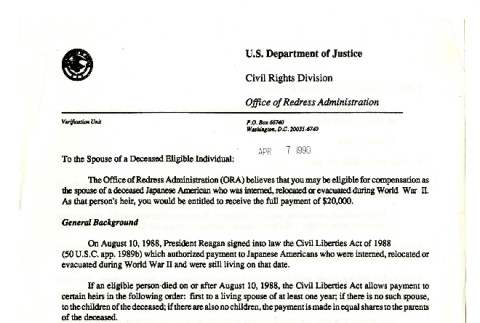 Letter from Robert K. Bratt, Administrator for Redress, Office of Redress Administration, Civil Rights Division, U.S. Department of Justice to the spouse of a deceased eligible individual, April 7, 1990 (ddr-csujad-42-148)