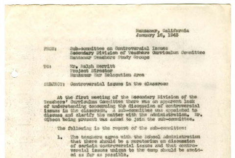 Memorandum from Sub-Committee on Controversial Issues to Mr. Ralph Merritt, Project Director, Manzanar War Relocation Area, January 16, 1943 (ddr-csujad-48-96)