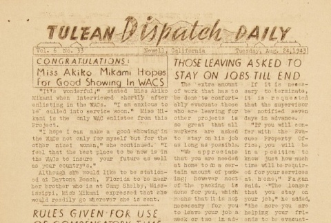 Tulean Dispatch Vol. 6 No. 33 (August 24, 1943) (ddr-densho-65-284)