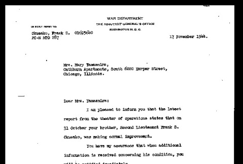Letter from J.A. Ulio, Major General, the Adjutant General, to Mary Yamasnira, November 17, 1944 (ddr-csujad-55-239)