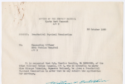 Request for pre-marital physical examination for Charles Roselin (ddr-densho-550-51)