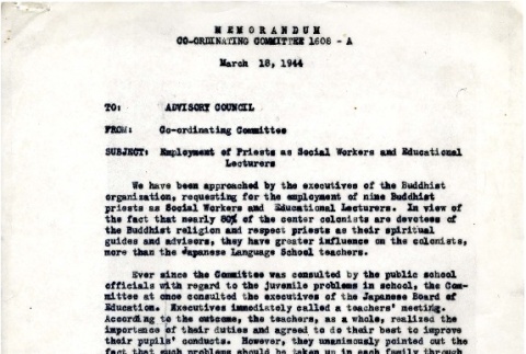 Memo from Co-ordinating Committee to the Advisory Council, March 18, 1944 (ddr-csujad-2-100)