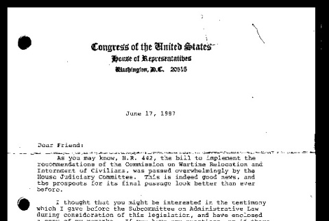 Letter from Robert T. Matsui, Member of Congress, to dear friend, June 17, 1987 (ddr-csujad-55-196)