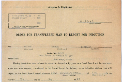 Order for transferred man to report for induction for Arthur Saburo Kitagawa (ddr-densho-539-46)