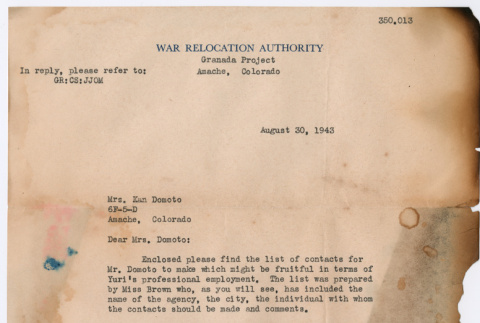 Letter to Sally Domoto from John J. Moore (ddr-densho-329-989)