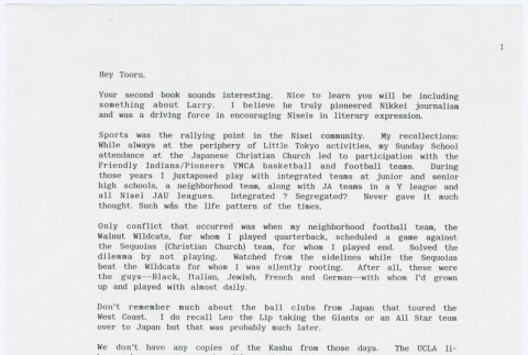 Letter regarding reminiscences about Larry Tajiri and Little Tokyo (ddr-densho-338-146)