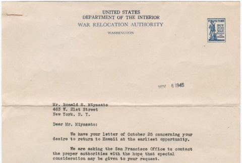 Correspondence regarding return to Hawai'i after World War II (ddr-densho-320-8)
