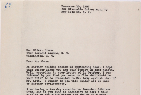 Letter from Lawrence Miwa to Oliver Ellis Stone concerning claim for James Seigo Maw's confiscated property (ddr-densho-437-252)