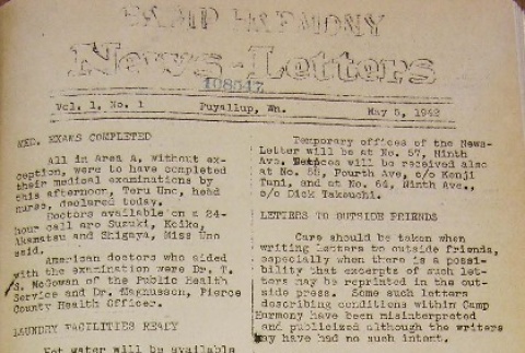 Puyallup Camp Harmony News-Letter Vol. I No. 1 (May 5, 1942) (ddr-densho-194-1)