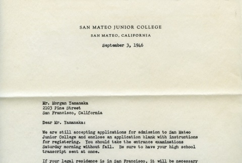 Letter from San Mateo Junior College (ddr-densho-188-2)