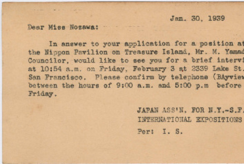 Postcard requesting an interview with Tomoye Nozawa for participation in the Golden Gate International Exposition (ddr-densho-410-368)
