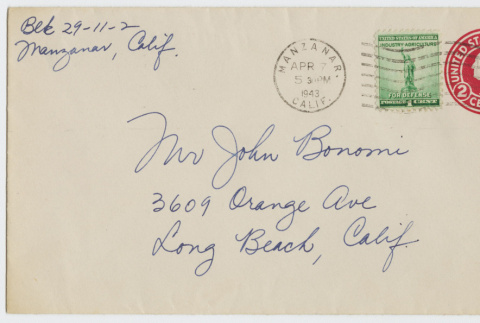 Envelope addressed to John Bonomi (ddr-janm-21-23)