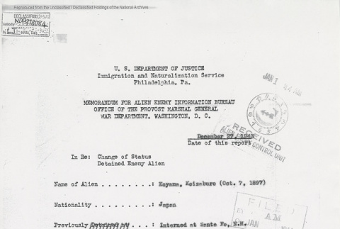 Memorandum for Alien Enemy Information Bureau Office of the Provost Marshal General War Department, Washington D.C. (ddr-one-5-248)