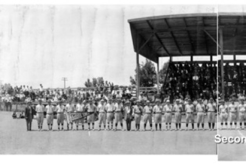 Panorama of baseball teams standing in front of crowd at a stadium (ddr-ajah-5-47)