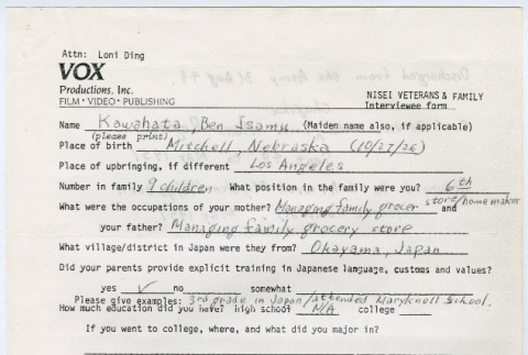 Ben Isamu Kawahata interviewee form (ddr-densho-1007-1130)