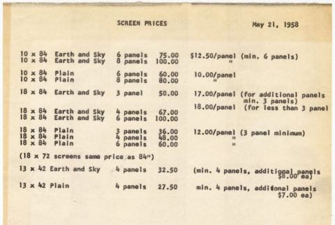 Price list for screens (ddr-densho-424-70)