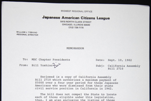 Memo to MDC Chapter Presidents from Bill Yoshino (ddr-chijacl-1-273)