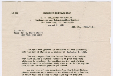 Letter from Harold J. Hart, U.S. Department of Justice Immigration and Naturalization Service, to Ai Chih Tsai (ddr-densho-446-91)