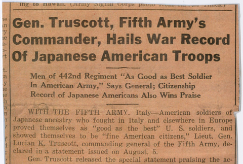 Article titled: Gen. Truscott, Fifth Army's Commander, Hails War Record Of Japanese American Troops (ddr-densho-539-99)