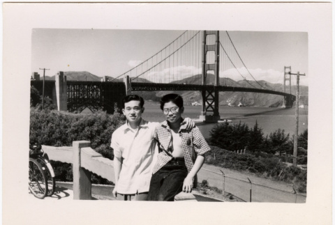 Two boys standing in front of Golden Gate Bridge (ddr-densho-426-61)