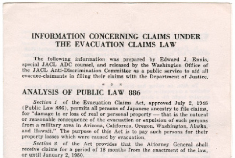 Information concerning claims under the evacuation claims law (ddr-densho-430-85)
