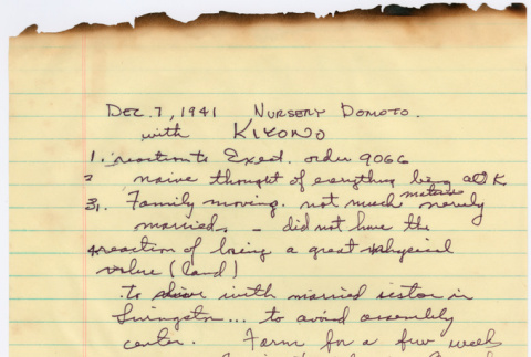 Notes of recalling reaction to forced removal (ddr-densho-329-1036)