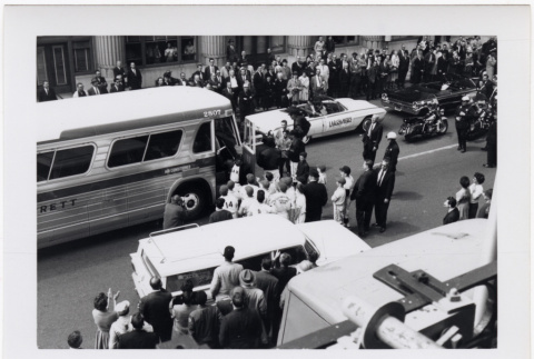 Black and White photo of baseball team boarding bus (ddr-densho-426-17)