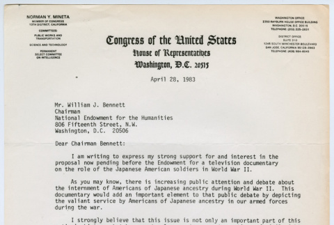 Letter from Representative Norman Y. Mineta to NEH Chariman William J. Bennett (ddr-densho-1007-1011)