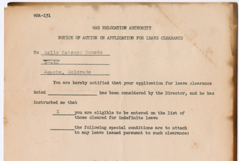 WRA Notice of Action on Application of Leave Clearance (ddr-densho-329-987)